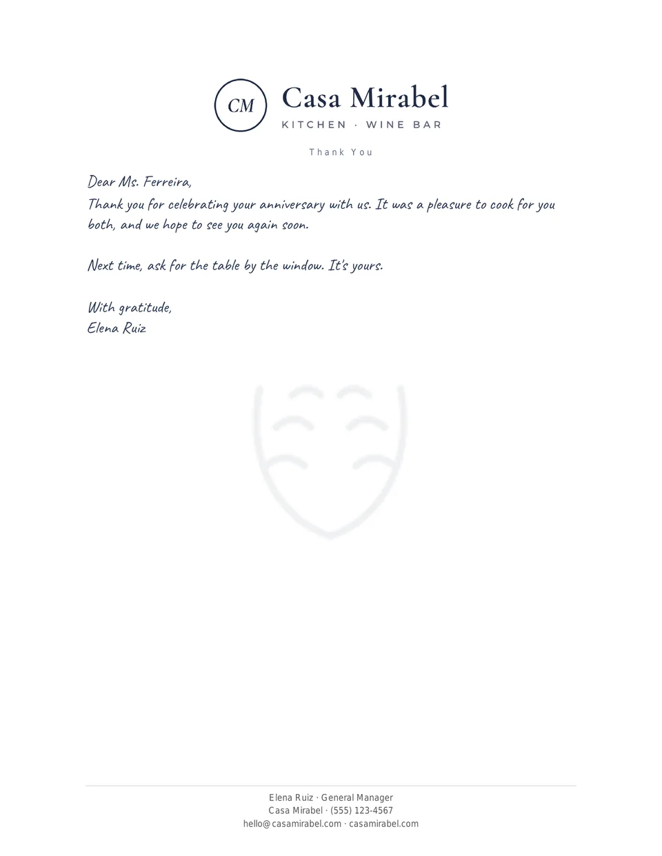 A real print render of a sample thank-you letter on Casa Mirabel letterhead: the logo at the top, a short letter to Ms. Ferreira in the Quick handwriting style, and three contact lines at the foot of the page.